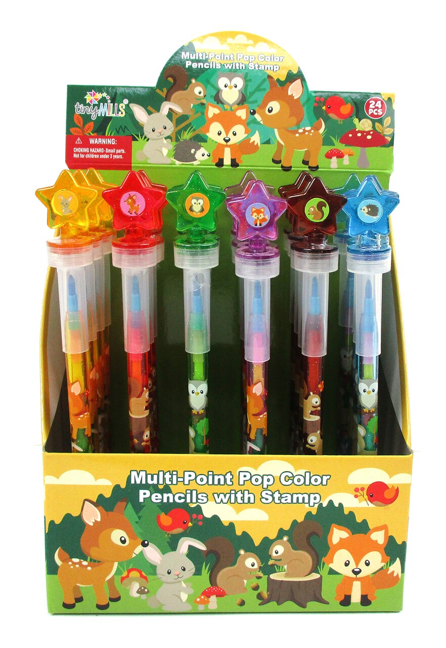 TINYMILLS 24 Pcs Woodland Animals 2 in 1 Stackable Stacking Crayon with Extra Stamper Topper,